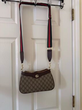 Designer-Inspired Brown Monogram Crossbody Bag with Green-Red Strap